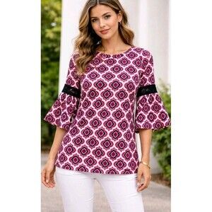 Crown & Ivy Blouse Petite LP Bell Sleeve Rayon Purple